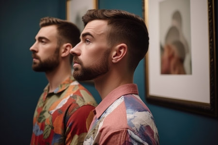 cropped shot of three gay men looking at a painting in the art gallery, created with generative aiの素材