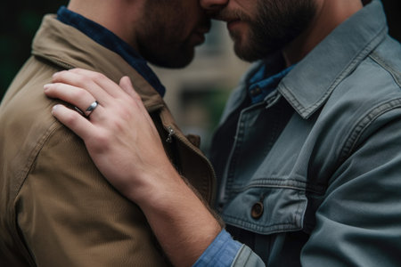 cropped shot of two men embracing each other, created with generative aiの素材