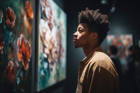 shot of a young man looking at the newest art exhibition, created with generative aiの素材
