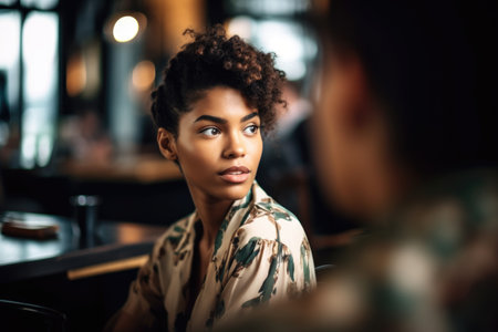 shot of an attractive young woman listening to her friend speak in a cafe, created with generative aiの素材