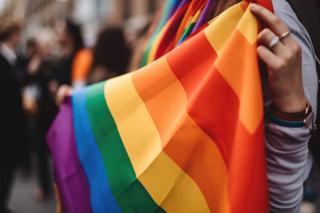 cropped shot of an unrecognizable person holding a rainbow flag during pride, created with generative aiの素材