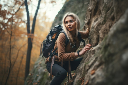 shot of a young woman climbing outdoors, created with generative aiの素材