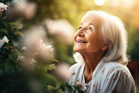 shot of a senior woman enjoying the day outside in nature at a retirement home, created with generative aiの素材