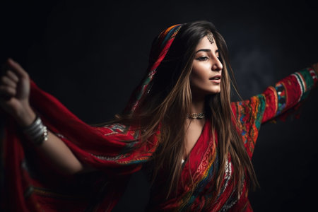 shot of a young woman in tribal wear dancing with scarves, created with generative aiの素材