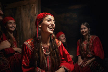 a young woman in a traditional red dress singing with her friends, created with generative aiの素材