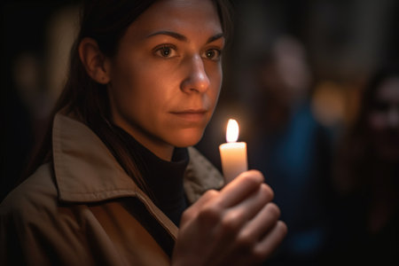 shot of a woman holding up a candle on the day of remembrance, created with generative aiの素材