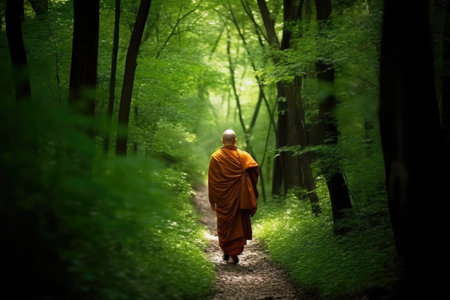 shot of a young monk walking through a forest, created with generative aiの素材