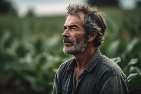 shot of a man looking thoughtful while standing in front of his crops, created with generative aiの素材
