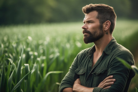 shot of a man looking thoughtful while standing in front of his crops, created with generative aiの素材