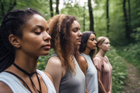 yoga, fitness and friends bonding at a nature trail for meditation, workout or training outdoors, created with generative aiの素材