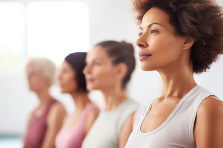 cropped shot of a yoga instructor looking at her students in class, created with generative aiの素材