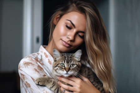 shot of a young woman cuddling her new kitten, created with generative aiの素材