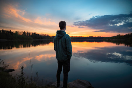 shot of a young man watching the sunset over a lake on his own, created with generative aiの素材
