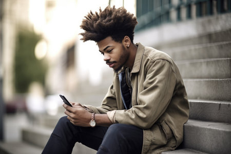 shot of a young man using his cellphone while sitting outside, created with generative aiの素材