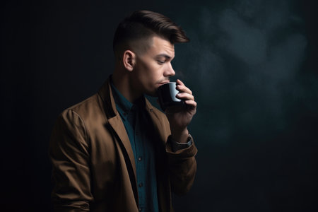 shot of a young man drinking coffee while standing in a studio, created with generative aiの素材