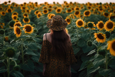 cropped shot of an unrecognisable woman standing alone in a sunflower field, created with generative aiの素材