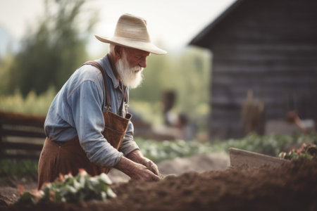 defocused shot of an unrecognizable man working on a farm, created with generative aiの素材