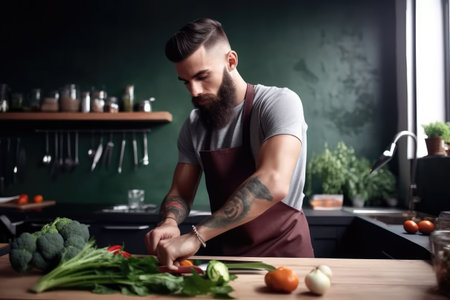 shot of a handsome young man chopping ingredients for a salad at home, created with generative aiの素材