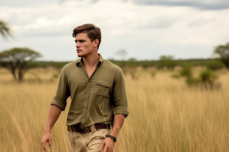 a handsome young man walking in the savannah with his arms folded, created with generative aiの素材