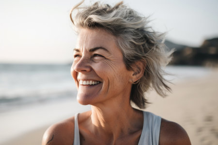 a woman with her head tilted and smiling while standing on the beach, created with generative aiの素材