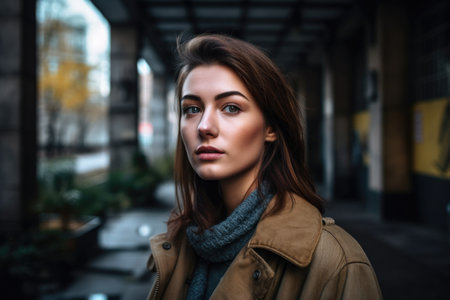 a beautiful young woman standing in a modernist urban environment, created with generative aiの素材