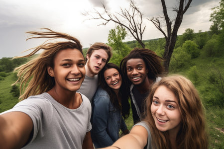shot of a group of friends posing for a selfie while out in nature to see tornadoes, created with generative aiの素材