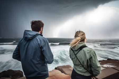 shot of a young couple taking pictures while on an adventure to capture the perfect storm, created with generative aiの素材