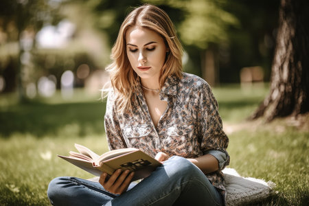 shot of a young woman sitting outside on the lawn reading, created with generative aiの素材