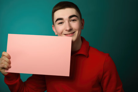 a young man holding up a blank sign for you to fill in the color, created with generative aiの素材