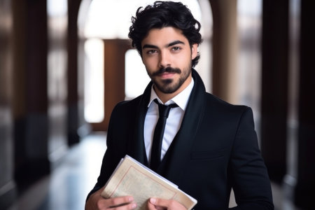 handsome university student in a black blazer holding a study schedule at school, created with generative aiの素材