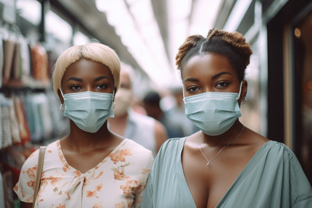shot of two young women wearing face masks while going shopping, created with generative aiの素材