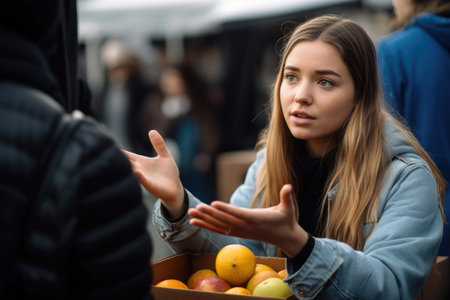 shot of a young woman asking for plastic to be removed from her fruit by an advocate, created with generative aiの素材