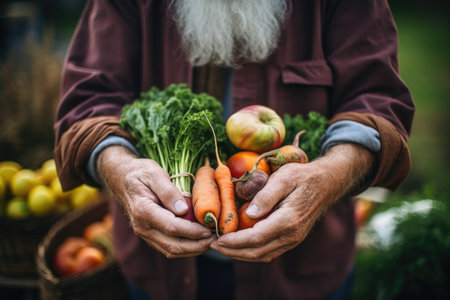 shot of two unrecognizable people holding a bunch of fresh organic produce outdoors, created with generative aiの素材