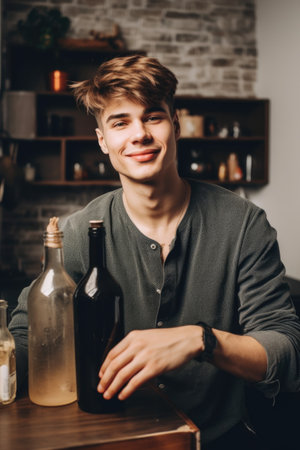 handsome young man holding bottles while living in a zero waste home, created with generative aiの素材