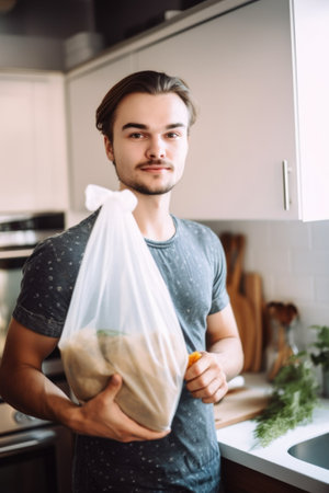 portrait of a young man holding up compostable food packaging while standing in the kitchen, created with generative aiの素材