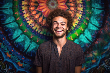 a happy young man standing against a psychedelic background, created with generative aiの素材
