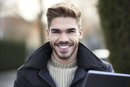an attractive man using his digital tablet and smiling at the camera, created with generative aiの素材