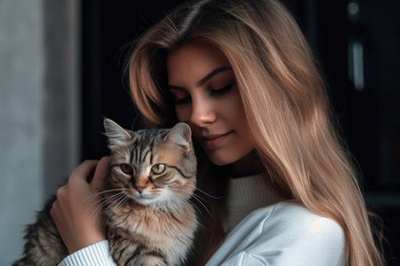 shot of a young woman holding her new pet cat, created with generative aiの素材