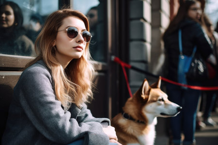 shot of a young woman and her dog waiting in line outside, created with generative aiの素材