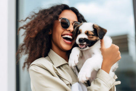 shot of a woman looking happy and excited with her new puppy, created with generative aiの素材