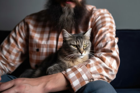 cropped shot of an unrecognizable man holding a cat while sitting on the floor, created with generative aiの素材