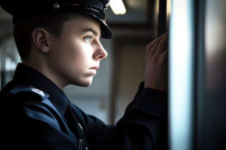 shot of a young policeman getting ready to go on duty, created with generative aiの素材