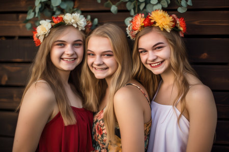 three pretty young female teens smiling happily with their dates, created with generative aiの素材