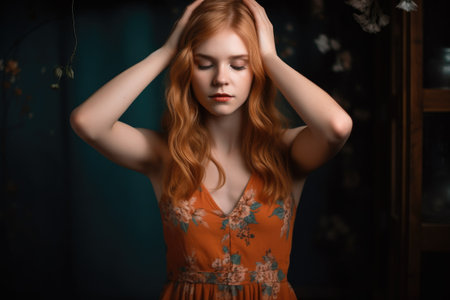 a gorgeous girl standing in a dress with her hands behind her head, created with generative aiの素材