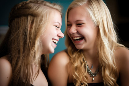 two teenage girls laughing and enjoying their prom, created with generative aiの素材