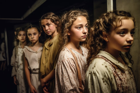 shot of a group of young performers warming up backstage, created with generative aiの素材