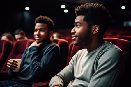 cropped shot of a young man talking to his friend in a theater, created with generative aiの素材