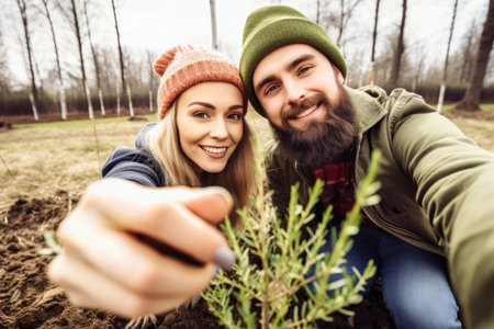 shot of a young couple taking selfies while planting trees together, created with generative aiの素材