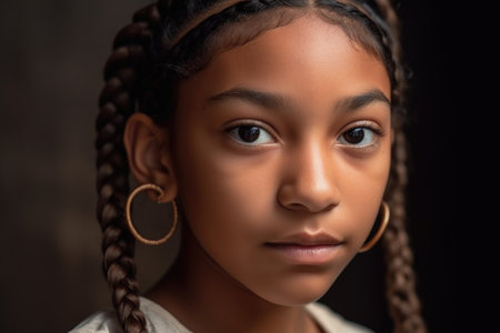 closeup cropped shot of a cute young ethnic girl with pigtails, created with generative aiの素材
