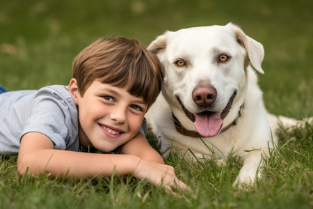 shot of a happy young boy and his dog lying together on the grass, created with generative aiの素材